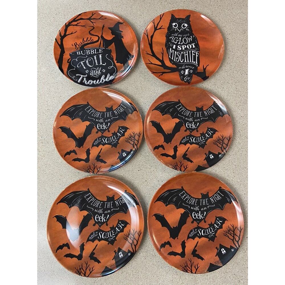 6 Pottery Barn Kids Halloween Witch Owl Bat Melamine 9" Lunch/Dessert Plates